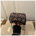 Mini black crossbody bag with red cherry print and elegant silver metal chain strap - Cherry Black