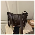 Dark brown retro crescent saddle bag with silver studs and wide adjustable shoulder strap - Brown