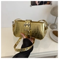 Golden crocodile texture baguette bag with metallic buckle and retro eyelet strap - Gold