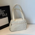 Minimalist beige nylon tote bag with front zipper pocket for casual daily use - Off White