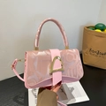 Pink PU leather crossbody bag with letter embossed textures and golden triangle buckle - Pink