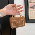 Brown suede small shoulder bag with white embroidery and golden chain strap - Brown