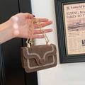 Vintage brown frosted leather small square bag with white embroidery and golden chain - Brown