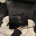 Black crocodile embossed patent leather handbag with gold buckle and top handle - Black without Pendant