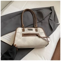 Retro Canvas Tragetasche in Creme mit braunem Lederbesatz und Metallanhänger - Ohne Anhänger / Gebrochenes Weiß