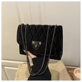 Black velvet quilted chain crossbody bag with metal stud buckle detail and diamond pattern - Black