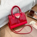 Bright red crocodile texture tote bag with gold triangle buckle and long strap - Red