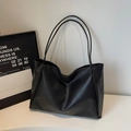 Vintage large capacity black leather tote bag with long straps for daily commuting - Black