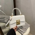 Minimalist white leather crossbody square bag with a golden metal lock buckle - With Mini Pouch / White