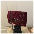 Velvet burgundy crossbody bag with diamond quilting and metallic chain strap detail - Burgundy