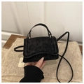 Detailansicht der schwarzen Mini-Handtasche mit Leopardenprägung und Metallbeschlägen - Schwarz