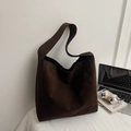 Grande borsa tote da donna in pelle scamosciata marrone scuro con ampi spallacci minimalista - caffè