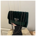 Deep green velvet crossbody bag with quilted diamond pattern and black chain strap - Green
