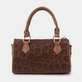 Retro leopard print Boston bag with faux fur texture and brown leather handles - Coffee
