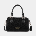 Retro leopard print suede bucket bag with leather handles and gold metal buckles - Black