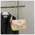 Cartoon cherry embroidery handbag in yellow and pink plaid with bow detail - No Pendant / Apricot Yellow Pink