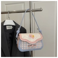 Light blue plaid cartoon crossbody bag with pink bow accent and sweet heart embroidery - No Pendant / Misty Blue
