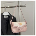 Pink and beige checkered crossbody bag with bow detail and cartoon cherry print - No Pendant / Sakura Pink