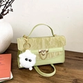Sage green crossbody bag with ruched flap texture and white plush charm accessory - Green (With Doll Pendant)