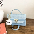 Light blue crossbody handbag with pleated texture and cute white plush ball pendant - Blue (With Doll Pendant)