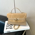 Beige rectangular crossbody bag with marble pattern flap and golden metal chain detail - Khaki