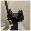 Gothic black rivet crossbody underarm bag with silver metallic hardware and D-rings - Black