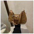 Brown faux leather crescent bag with silver rivet details and adjustable shoulder strap - Brown