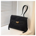 Detail of black suede shoulder bag with golden turn-lock closure and leather straps - Black