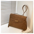Detail of vintage brown suede briefcase with gold metallic lock and leather strap - Brown