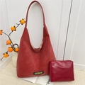 Red retro hobo tote bag set with matching inner pouch in soft matte textured leather - Red