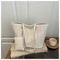 Detail view of a cream large tote bag with a matching small pouch on a cozy wooden table - White Minimalist Style