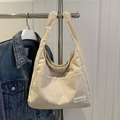 Cream white corduroy tote bag with front pocket and fashion label shoulder strap - Khaki