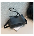 Minimalist black tote bag in pebbled faux leather with wide shoulder strap - Litchi Texture (Style 2) / Style 2 Black