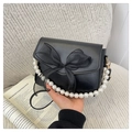 Black square shoulder bag with chiffon bow and white pearl bead strap detail - Black