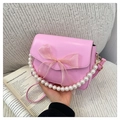 Pink PU leather crossbody bag with wave edges, organza bow, and pearl handle strap - Pink