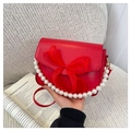 Chic red faux leather crossbody bag with oversized organza bow and pearl handle - Red