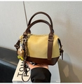 Mini borsa Boston retrò in tela beige e pelle marrone con ciondolo a orsetto - Con Ciondolo / Cachi