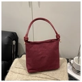 Retro dark red suede bucket bag with fashion and classic embossing and gold hardware - Red
