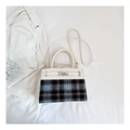 Schicke Kelly-Tasche aus cremefarbenem Leder und blauem Karomuster mit Metallverschluss - Milchweiß mit blau-schwarzem Karomuster (白色6010)