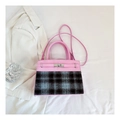 Kelly-Handtasche aus rosa Leder und grauem Karo-Stoff mit verstellbarem Schultergurt - Rosa mit schwarz-grauem Karomuster (粉色6010)