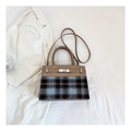 Retro brown leather and plaid fabric patchwork Kelly bag with metal twist lock - Khaki 6010