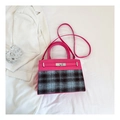 Pink leather and grey plaid checkered Kelly style crossbody bag with top handle - Rose Pink & Black-Gray Plaid Style (Rose Red 6010)