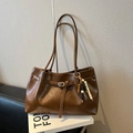 Minimalist dark brown matte faux leather tote bag with vintage beaded pendant - With Charm / Metallic Brown