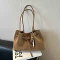 Brown matte suede tote bag with decorative buckle and colorful beaded tassel charm - With Charm / Suede Brown