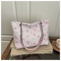 Macro detail of seersucker tote bag with pink floral and red bow patterns - No Pendant / Pink
