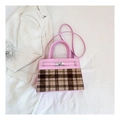 Detail of pink leather handbag with brown check fabric and classic turn-lock closure - Pink and Brown Plaid Style (Pink 6011)