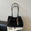 Minimalist black suede tote bag with long strap and colorful beaded charm detail - With Charm / Suede Black