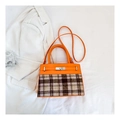 Detail of color-block orange leather and plaid fabric handbag with metal turn-lock - Orange with Brown & White Plaid Style (Orange 6011)