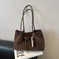Brown frosted suede tote bag with belt buckle detail and colorful beaded tassel charm - With Charm / Suede Coffee