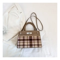 Macro shot of stylish checkered tweed and brown leather patchwork bag with silver clasp - Khaki and Brown Plaid Style (Khaki 6011)